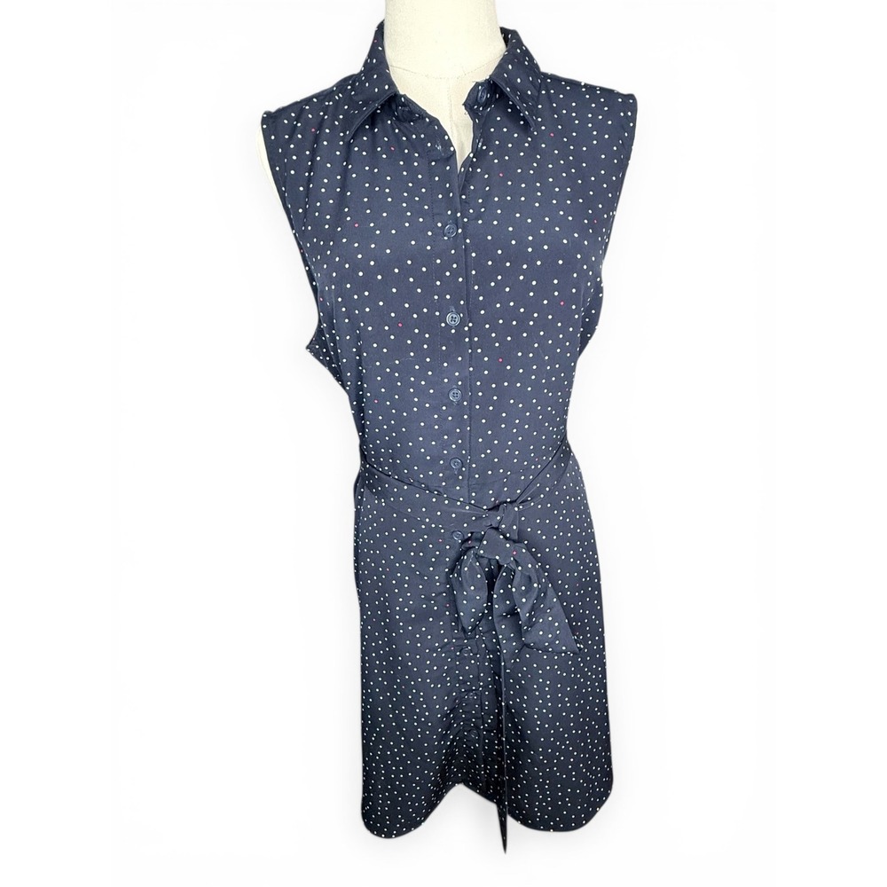 POPSUGAR Womens Navy Blue Polka Dot Sleeveless Preppy Shirt‎ Dress Sz L